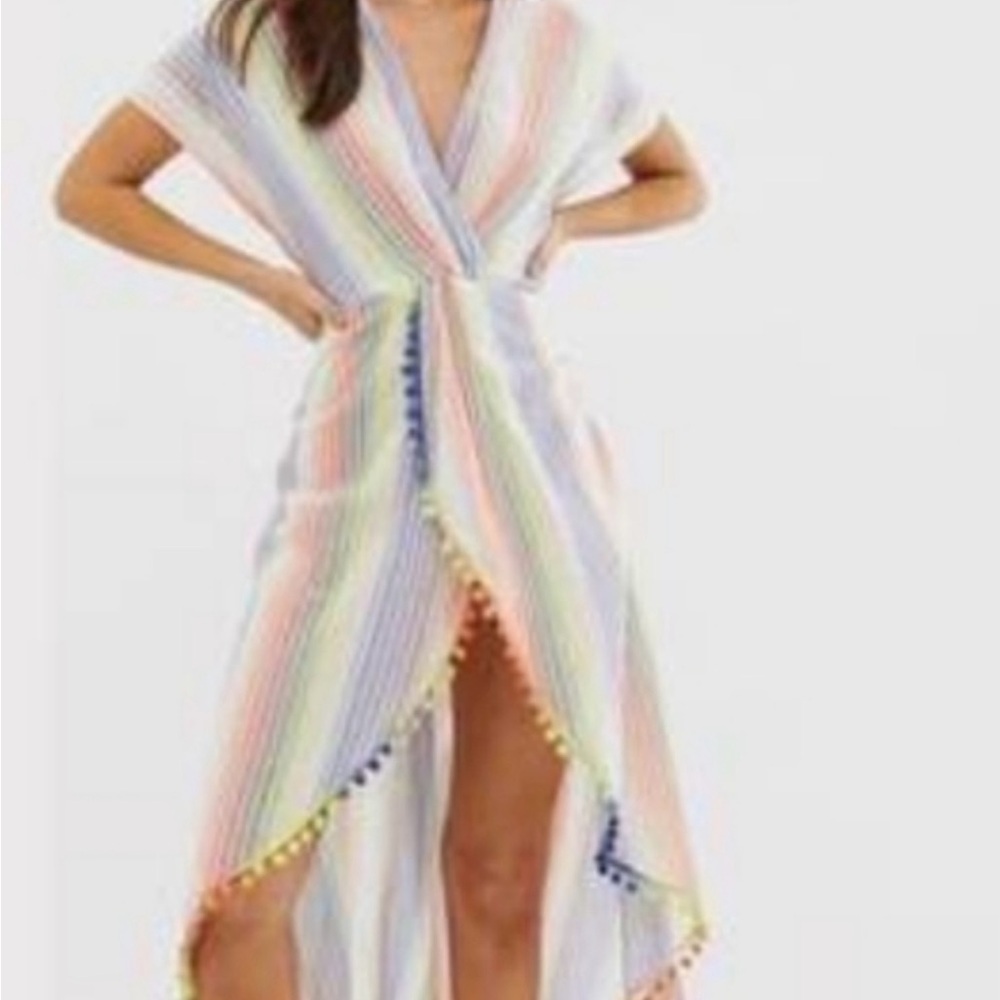 America& beyond NWT RAINBOW STRIPE MAXI DRESS COVER-UP WITH OMBRE POM POM  Large